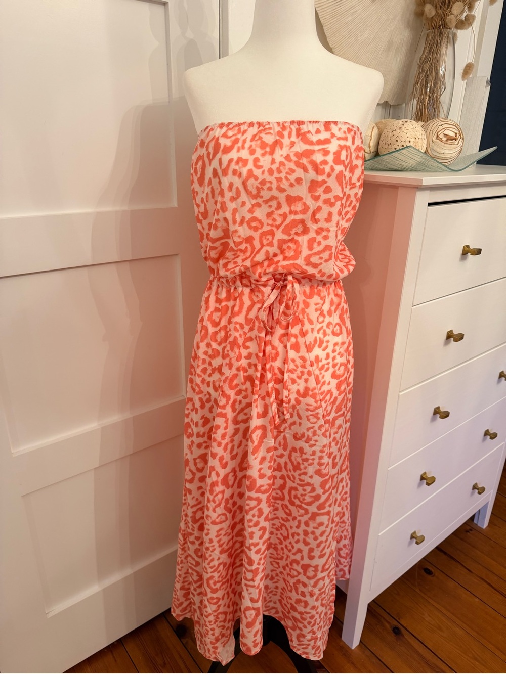 Strapless Coral Leopard Print Maxi Dress